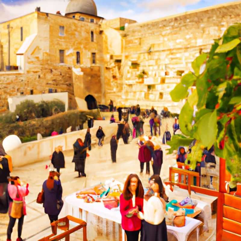 A panoramic view of Jerusalem's Old City walls, with the iconic golden Dome of the Rock gleaming in the warm spring sunlight, as two couples embark on their two-week pilgrimage through the holy city.