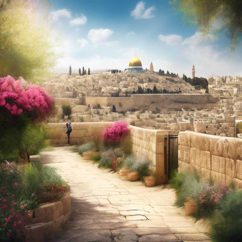 A luxurious couple exploring the historic streets of Jerusalem, Israel, surrounded by blooming spring flowers, as they embark on a two-week adventure filled with culture, history, and romance.