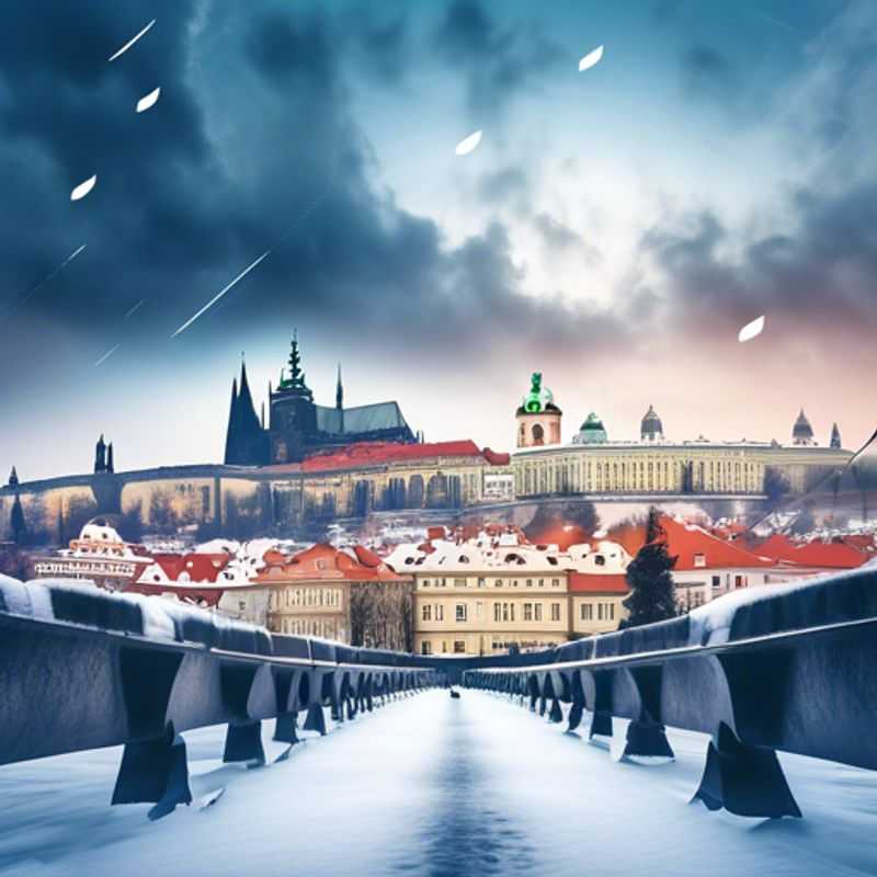 A joyful family with children exploring the enchanting winter wonderland of Prague, Czech Republic, surrounded by snow-covered historic architecture and twinkling holiday lights during their two-week luxurious getaway.