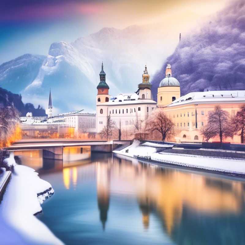 A solo luxury traveler basking in the winter charm of Salzburg, Austria, with its snow-covered rooftops and the majestic Hohensalzburg Fortress in the background, capturing the essence of romance and adventure during a 24-hour getaway.