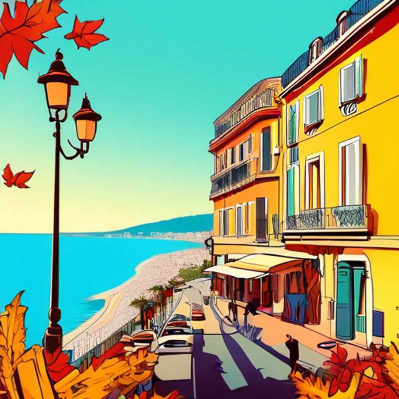 Three couples savoring the vibrant fall colors along the stunning Promenade des Anglais in Nice, France, as they embrace luxury eco-tourism during their 4-day getaway.