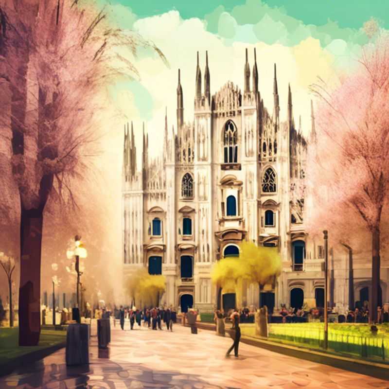 A stylish couple exploring the vibrant streets of Milan, Italy, surrounded by blooming flowers and elegant architecture during their luxurious 4-day spring getaway.