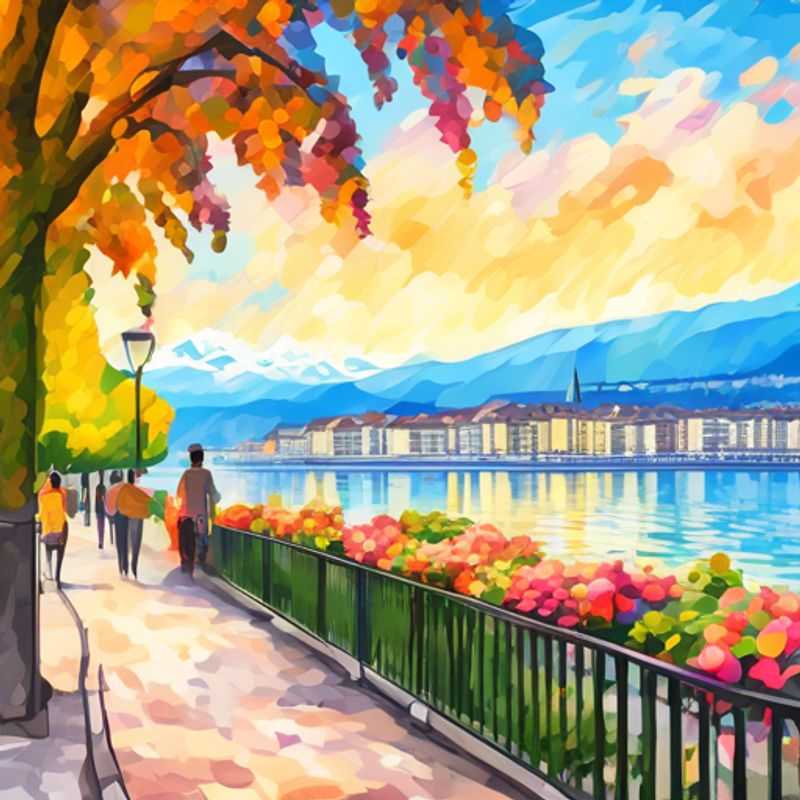 A solo luxury traveler exploring the picturesque lakeside city of Lausanne, Switzerland, surrounded by vibrant summer blooms and stunning views of Lake Geneva during a two-week adventure.