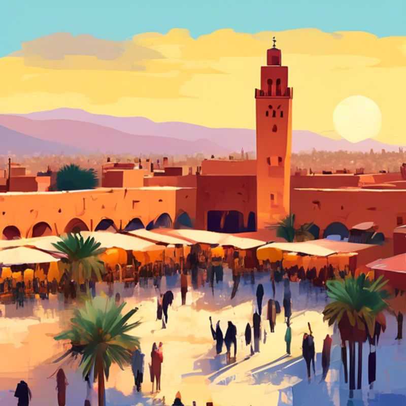 Two couples basking in the vibrant colors and intricate patterns of Marrakech's bustling souks, experiencing the warmth of Moroccan hospitality during their 24-hour luxury staycation in winter.