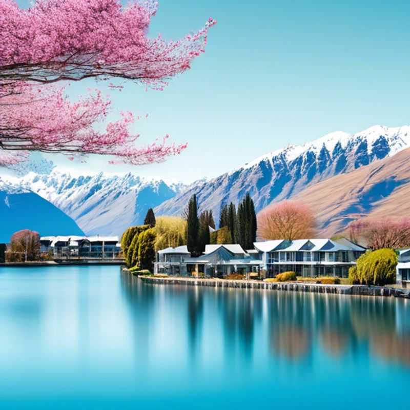 Two couples embracing the breathtaking landscapes of Queenstown, New Zealand, surrounded by vibrant spring blooms and the shimmering Lake Wakatipu, as they indulge in a luxurious three-week festival getaway.