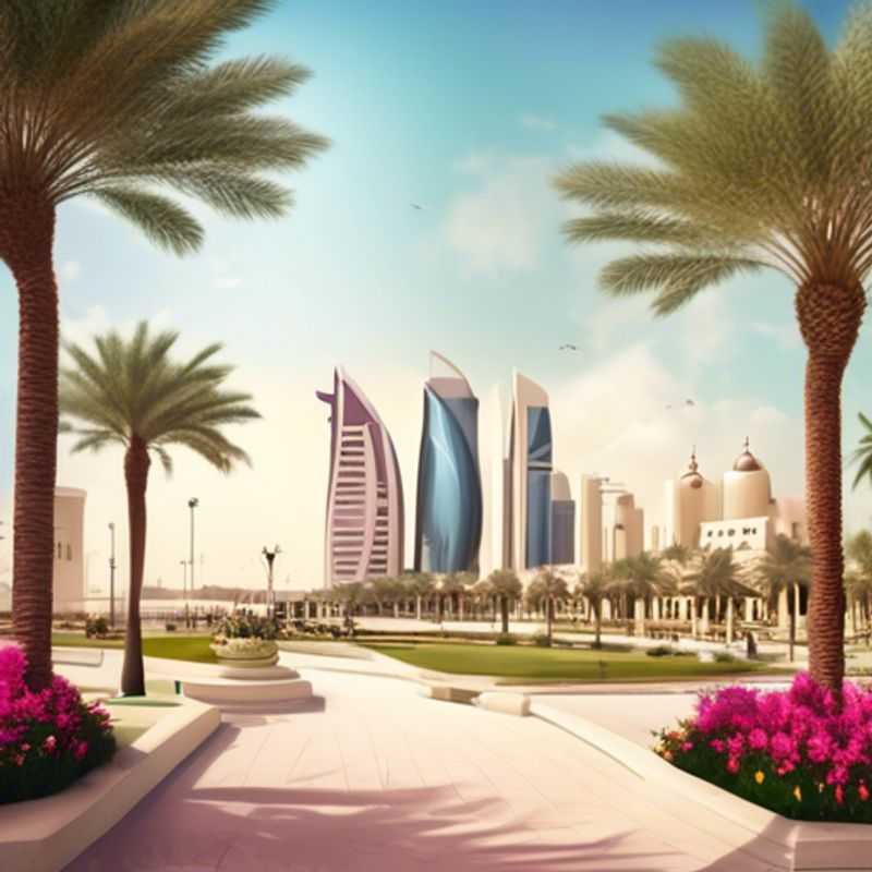 Three couples exploring the vibrant skyline of Doha, Qatar, surrounded by blooming spring flowers, as they embark on a luxurious 5-day last-minute getaway.