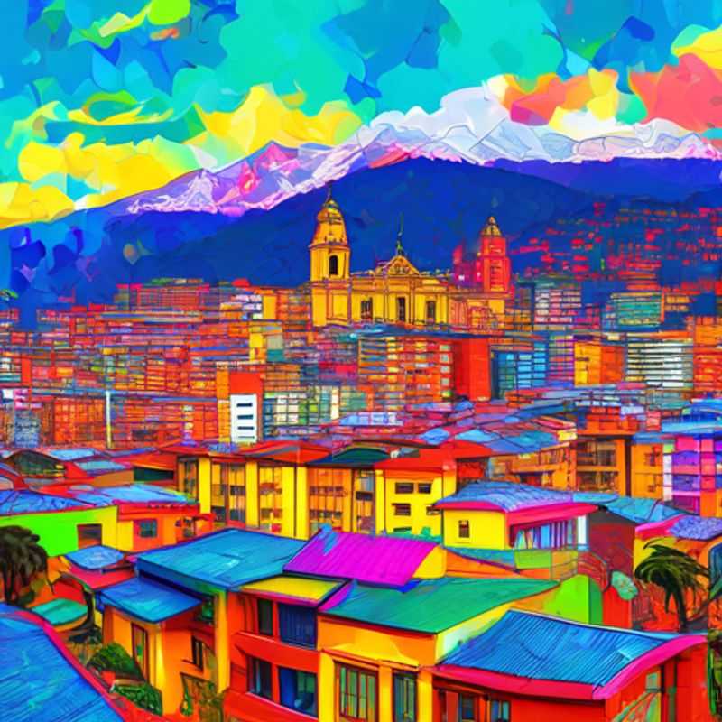 A luxury business traveler exploring the vibrant streets of Bogotá, Colombia, surrounded by colorful colonial architecture and captivating street art during a 5-day winter getaway.