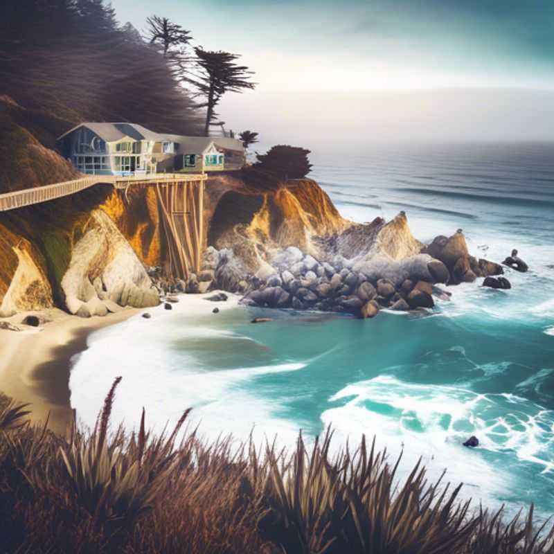 A serene view of the rugged coastline of Big Sur, USA, showcasing a peaceful moment for a solo luxury wellness traveler during their 5-day winter retreat, surrounded by breathtaking natural beauty and tranquility.