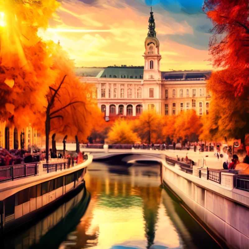 Two couples experiencing the enchanting autumn charm of Vienna, Austria, surrounded by colorful fall foliage and historic architecture during their luxurious two-week getaway.