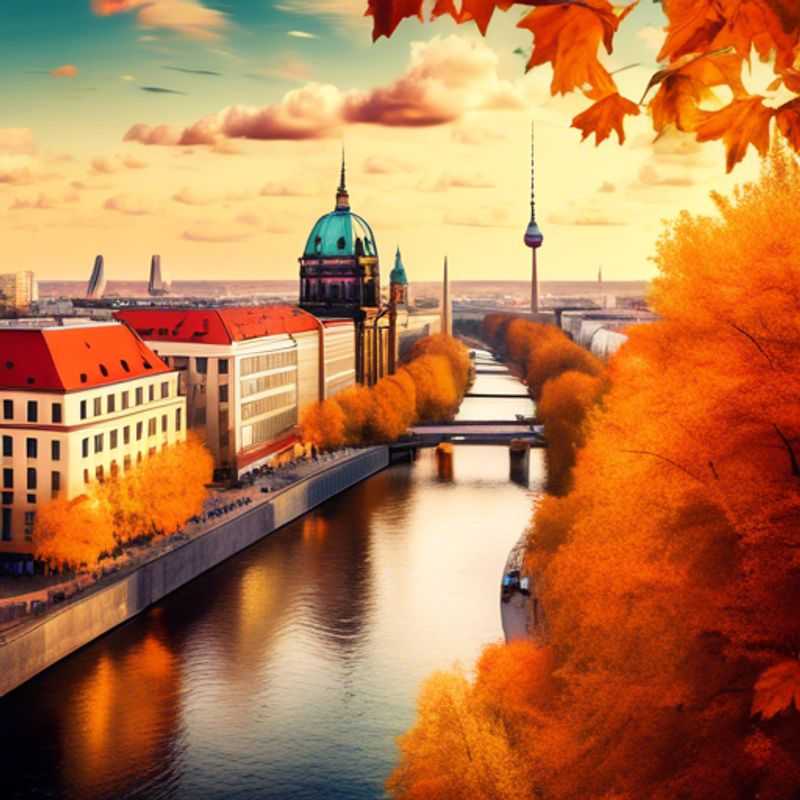 A stylish couple exploring the vibrant streets of Berlin, Germany, surrounded by autumn foliage, as they indulge in a two-week luxury weekend getaway during the enchanting fall season.