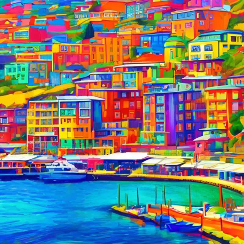 A family with children exploring the vibrant streets of Valparaiso, Chile, surrounded by colorful murals and stunning ocean views during their luxurious 4-day summer getaway.