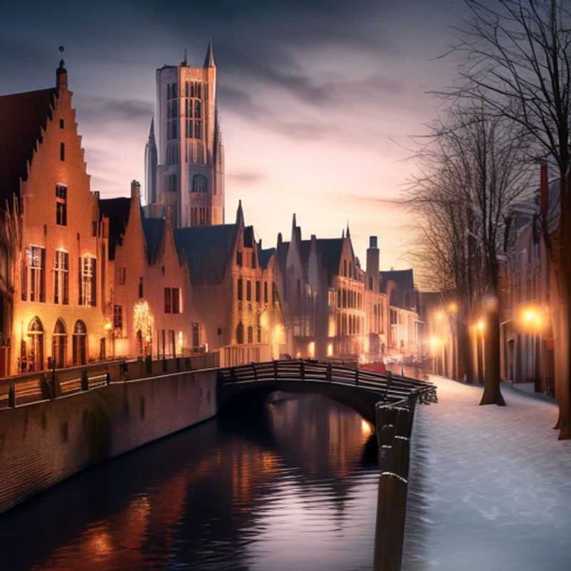 A solo traveler exploring the enchanting winter streets of Bruges, Belgium, surrounded by medieval architecture and twinkling lights during a luxurious three-week getaway.