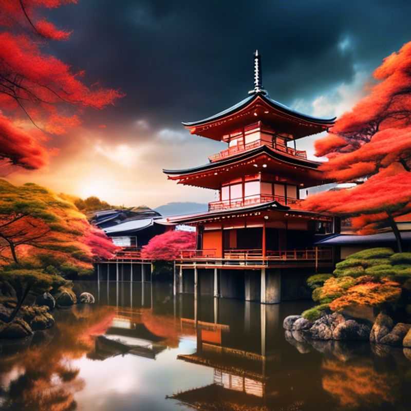 A serene solo traveler immersed in the vibrant autumn foliage of Kyoto, Japan, embracing tranquility and wellness during a rejuvenating 4-day escape in the fall.