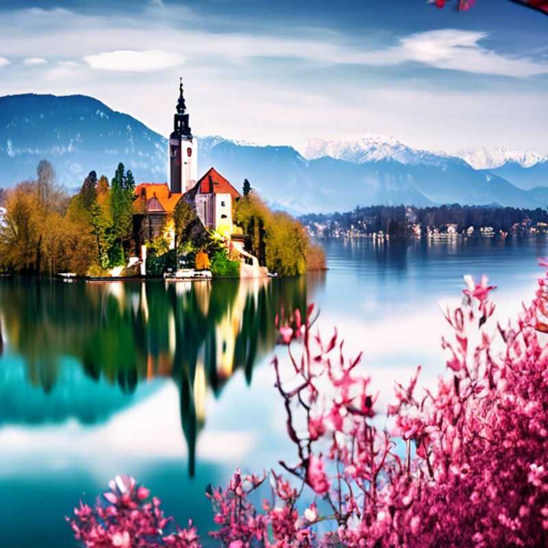 A solo traveler, the epitome of a Luxury Social Media Influencer, basking in the serenity of Lake Bled, Slovenia, amidst the snow-capped Julian Alps. The picturesque island church, a beacon of tranquility, reflects in the crystal clear waters, a perfect setting for a week of blissful escapism.