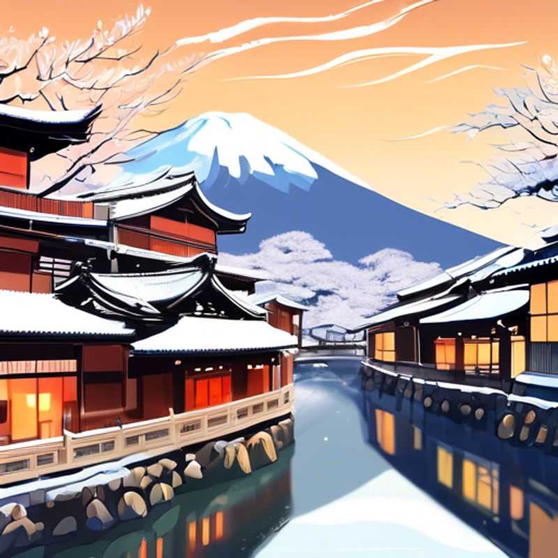 A solo luxury traveler immersed in the serene beauty of Kyoto, Japan, surrounded by traditional wooden temples and delicate cherry blossoms, as they explore the vibrant culture during their 5-day winter festival adventure.