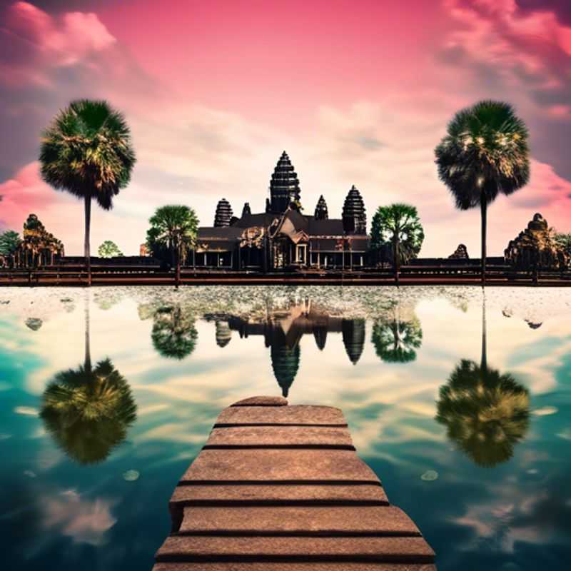 Three couples exploring the majestic Angkor Wat temple at sunrise, surrounded by vibrant greenery, during their luxurious 4-day spring getaway in Siem Reap, Cambodia.