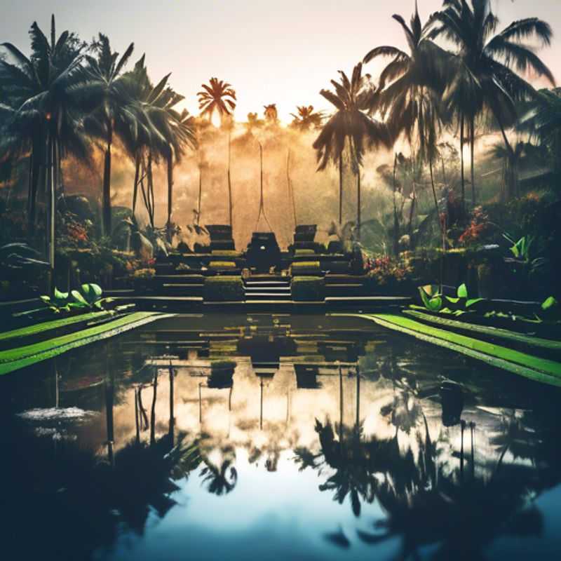 A couple immersed in the lush greenery of Ubud, Indonesia, surrounded by vibrant rice terraces and serene landscapes, embodying the spirit of luxury eco-tourism during their two-week winter retreat.