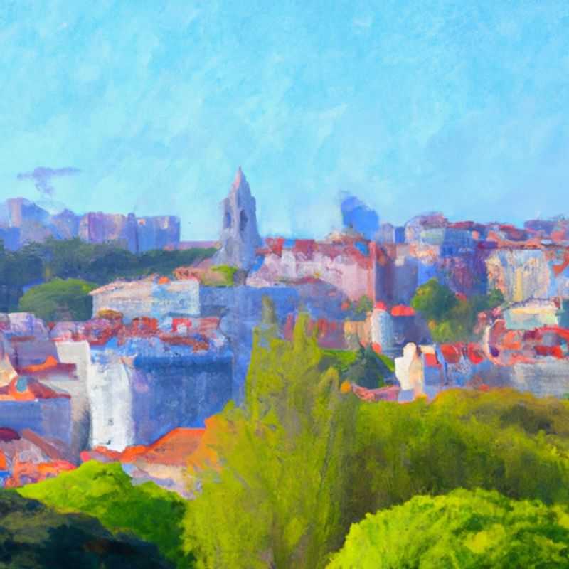 Three couples embarking on a delightful 5&#45;day spring adventure in Lisbon, Portugal, marveling at the vibrant cityscape adorned with colorful buildings and blooming jacaranda trees.