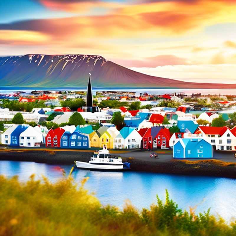 Two couples embracing the vibrant summer colors of Reykjavik, Iceland, surrounded by stunning landscapes and eco-friendly adventures during their one-week luxury eco-tour.