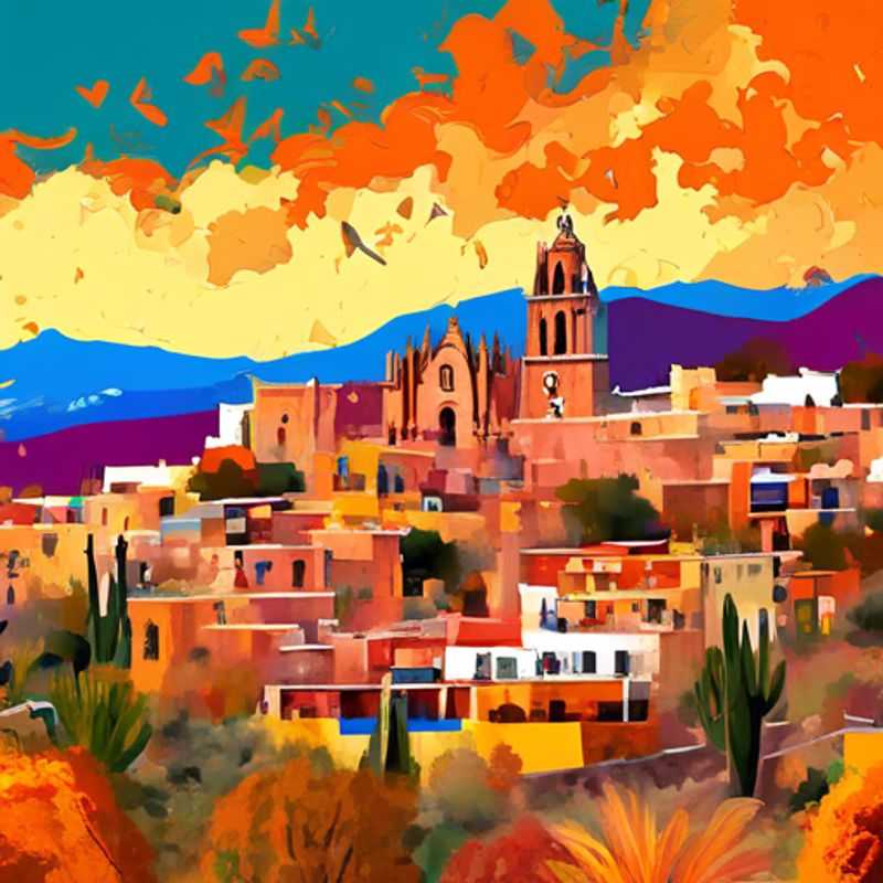 Two couples exploring the vibrant streets of San Miguel de Allende, Mexico, surrounded by colorful colonial architecture and autumn foliage during their week-long luxury eco-tourist adventure.