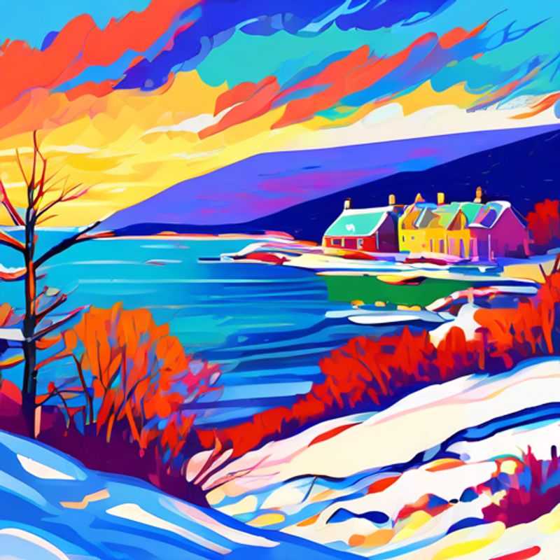 A family with children exploring the stunning winter landscape of Cape Breton Island, Canada, surrounded by snow-covered mountains and the vibrant colors of the local culture during their 4-day luxury adventure.