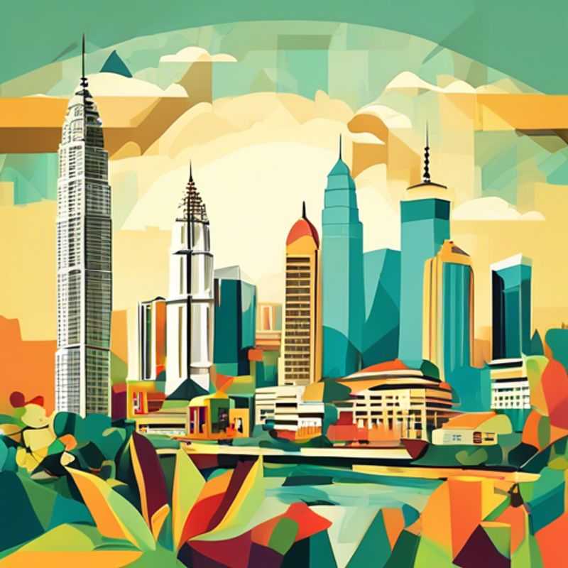 A solo luxury traveler exploring the vibrant streets of Kuala Lumpur, Malaysia, surrounded by lush greenery and iconic skyscrapers, during a two-week cultural journey in spring.