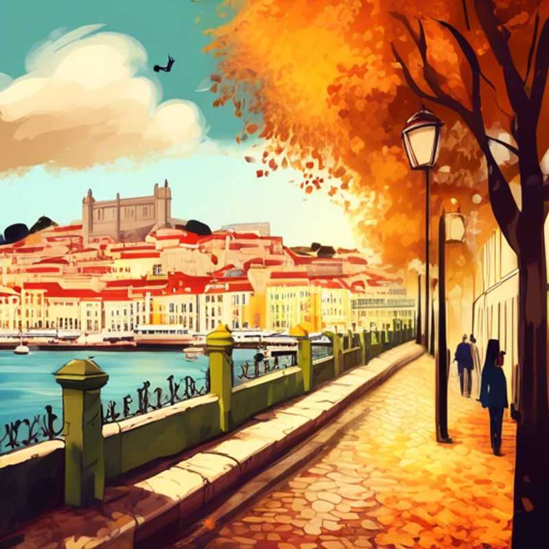 Two couples exploring the vibrant streets of Lisbon, Portugal, adorned with autumn leaves, as they embark on a week-long adventure filled with luxury and social media moments.