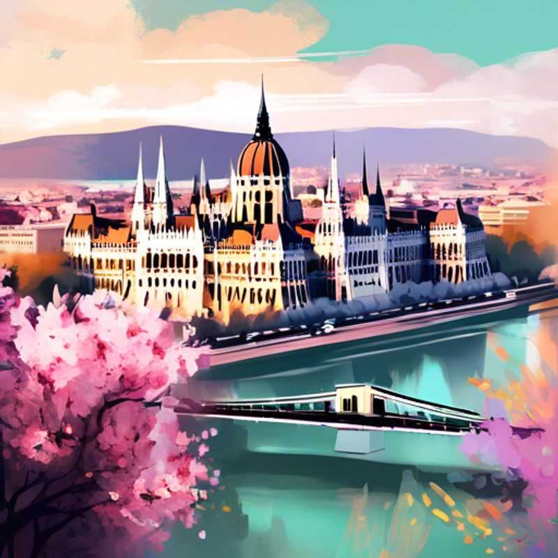 A couple exploring the vibrant spring blooms near the iconic Chain Bridge in Budapest, Hungary, during their luxurious 3-day journey, capturing the essence of romance and adventure.