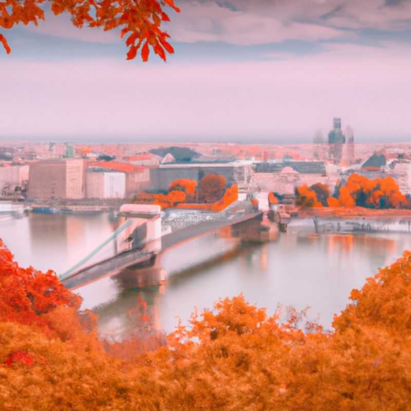 Three couples strolling along the iconic Chain Bridge in Budapest, Hungary, its grand architecture framed by vibrant fall foliage, during their captivating 5-day autumn adventure.