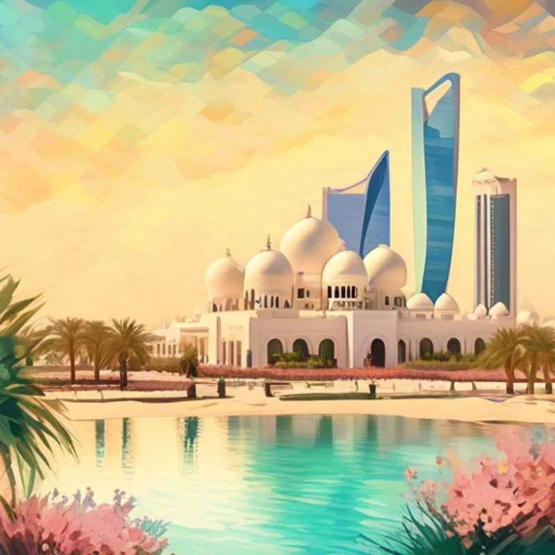 A solo luxury traveler exploring the stunning skyline of Abu Dhabi, United Arab Emirates, with vibrant spring blooms in the foreground, capturing the essence of a 4-day adventure.