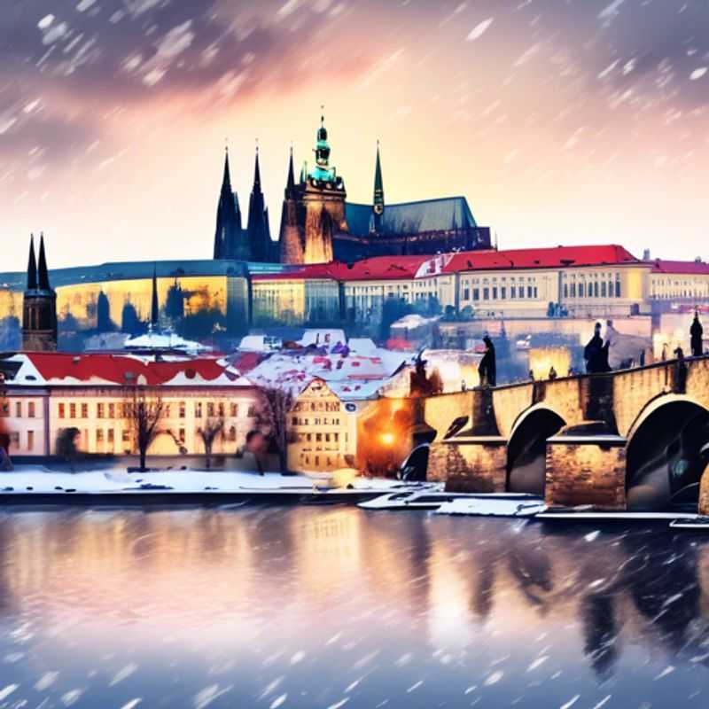 Two couples savoring gourmet delights at a cozy café in Prague, Czech Republic, surrounded by charming winter scenery during their luxurious three-week culinary adventure.