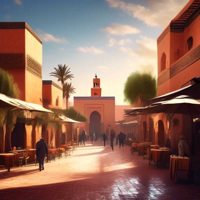 A solo traveler immersed in the vibrant colors and intricate patterns of Marrakech, Morocco, exploring the bustling souks and stunning architecture during a luxurious 5-day winter adventure.