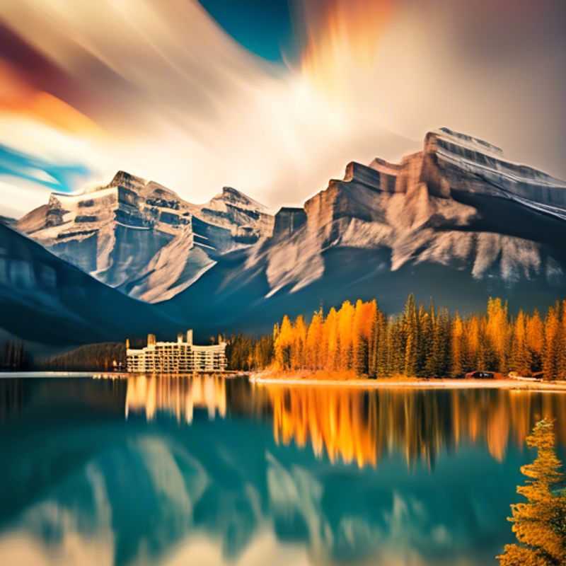 A family with children exploring the stunning fall foliage of Banff, Canada, surrounded by majestic mountains and vibrant autumn colors during their week-long luxury adventure.