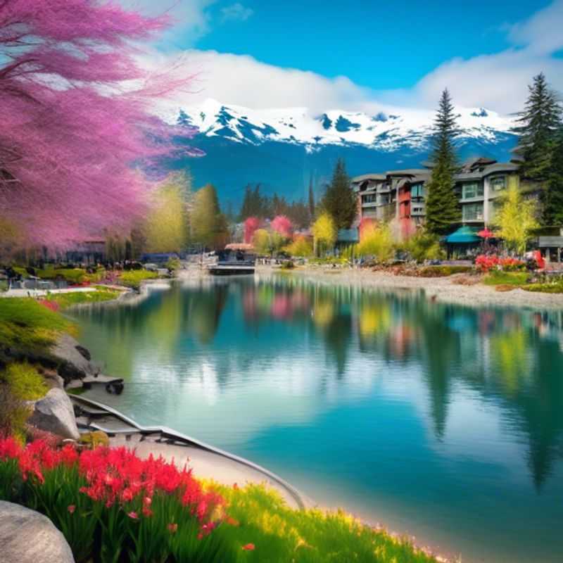 A joyful family with children exploring the vibrant spring landscapes of Whistler, Canada, surrounded by blooming wildflowers and majestic mountains during their luxurious 5-day weekend getaway.