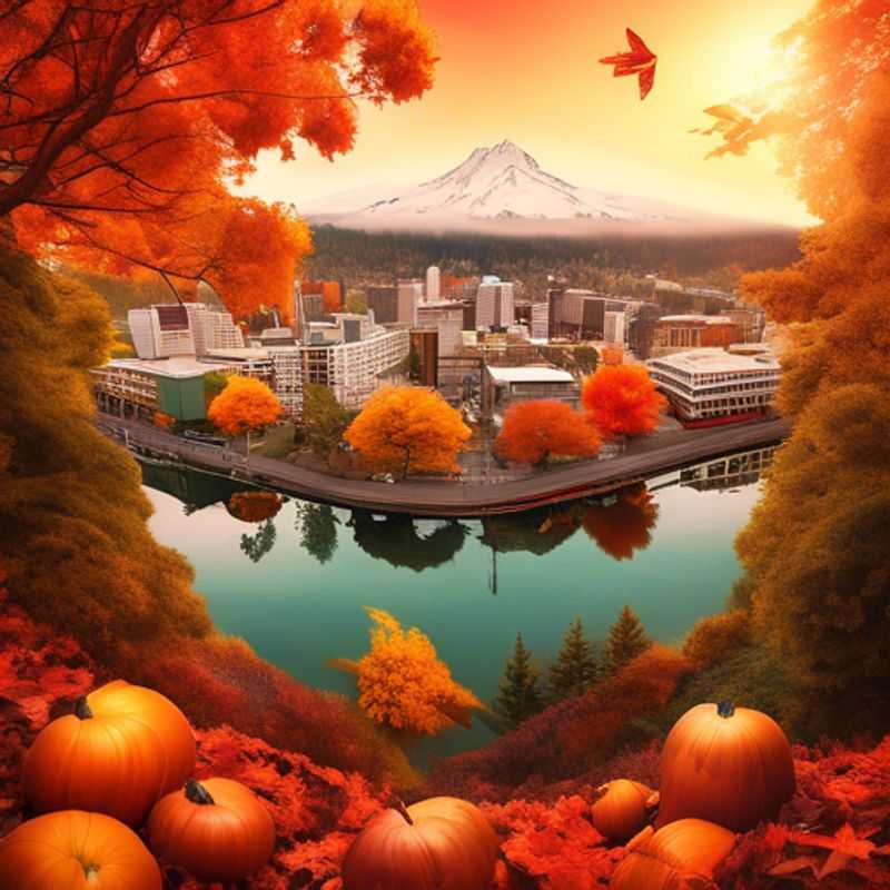 A solo traveler experiencing the vibrant fall foliage in Portland, USA, surrounded by colorful autumn leaves and iconic landmarks, during a luxurious 3-week gap year adventure.