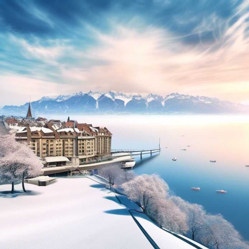 A family with children experiencing the serene winter landscape of Lausanne, Switzerland, surrounded by snow-covered mountains and the picturesque Lake Geneva, during their luxurious 24-hour wellness getaway.