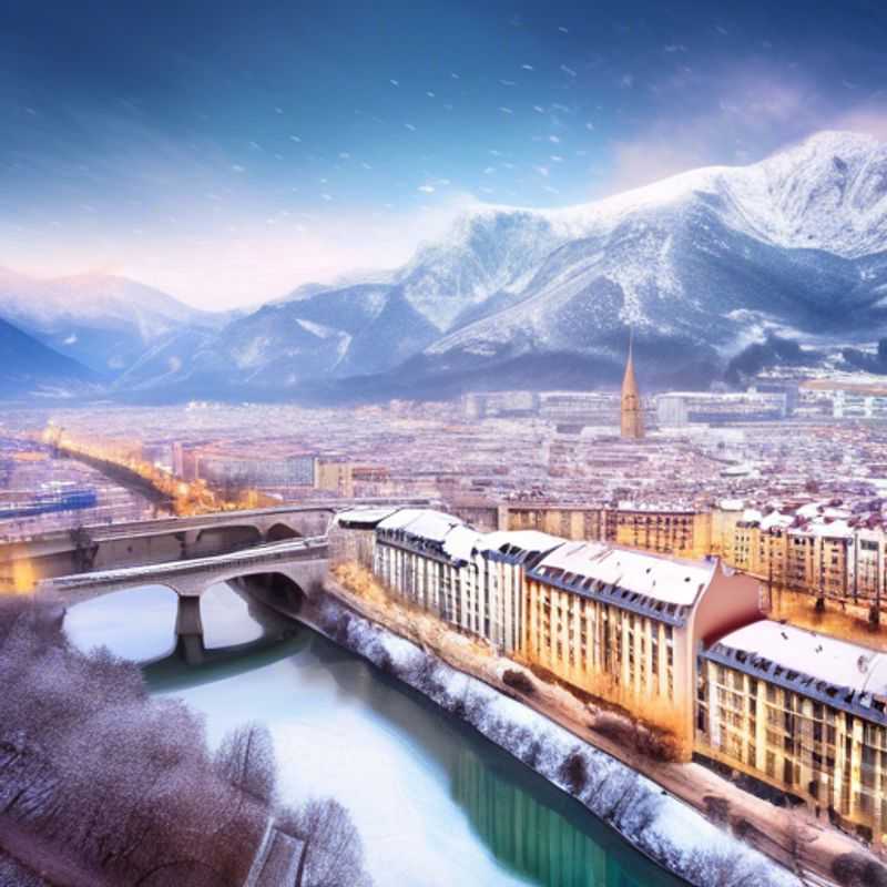 A solo traveler exploring the charming winter landscape of Grenoble, France, surrounded by snow-capped mountains and historic architecture during a luxurious 4-day getaway.