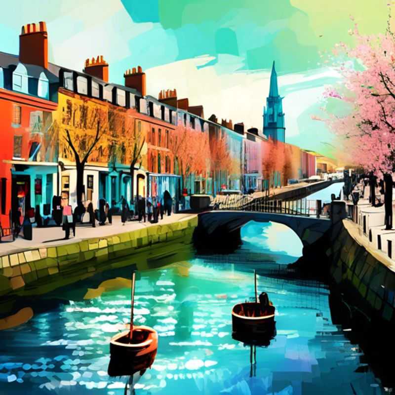 Two couples exploring the vibrant streets of Dublin, Ireland, surrounded by blooming spring flowers and historic architecture, as they embark on their luxurious eco-tourism adventure during their 4-day stay.