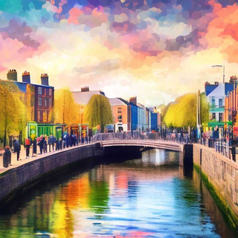 Two couples exploring the vibrant streets of Dublin, Ireland, surrounded by blooming spring flowers, enjoying a luxurious weekend getaway filled with culture, laughter, and delightful discoveries.