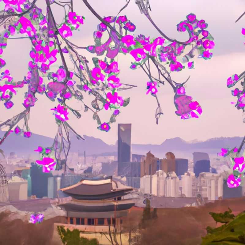 A lone traveler stands amidst the vibrant streets of Seoul, South Korea, during the enchanting spring season. The city's towering skyscrapers and traditional temples provide a captivating backdrop for their 2-week solo adventure.