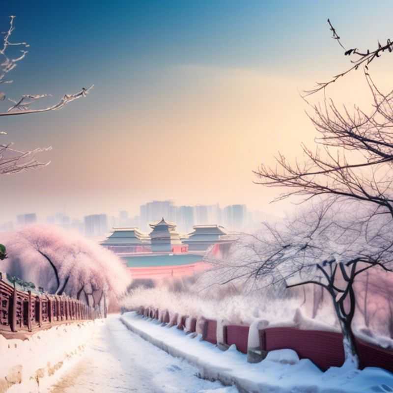 A solo luxury eco-tourist marveling at the ancient architecture of the Forbidden City, surrounded by a tranquil winter landscape in Beijing, China, during a 4-day immersive journey.