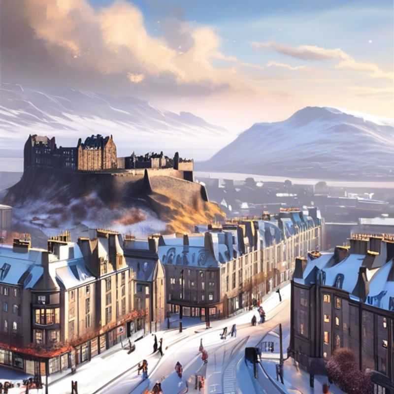 A solo traveler embracing the enchanting winter charm of Edinburgh, Scotland, with its historic castles and cozy streets, during a luxurious week-long getaway.