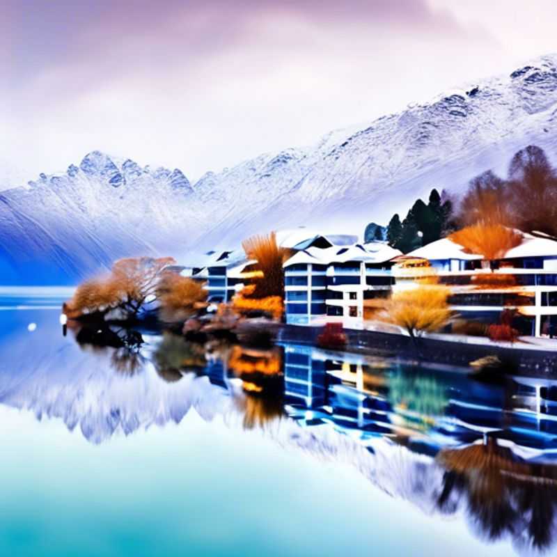 A solo traveler embracing the stunning winter landscape of Queenstown, New Zealand, with snow-covered mountains and serene Lake Wakatipu in the background, showcasing the essence of a luxurious week-long getaway.