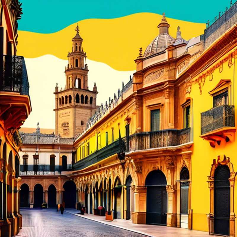 Two couples exploring the vibrant streets of Seville, Spain, surrounded by stunning Moorish architecture and lush greenery, as they embark on a two-week luxury eco-tour during the winter season.