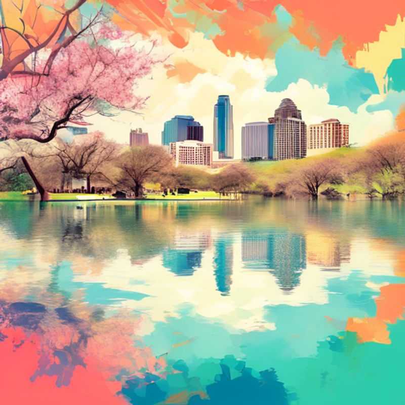 A joyful family exploring the vibrant streets of Austin, USA, surrounded by blooming spring flowers and lively murals, during their 5-day luxury gap year adventure.