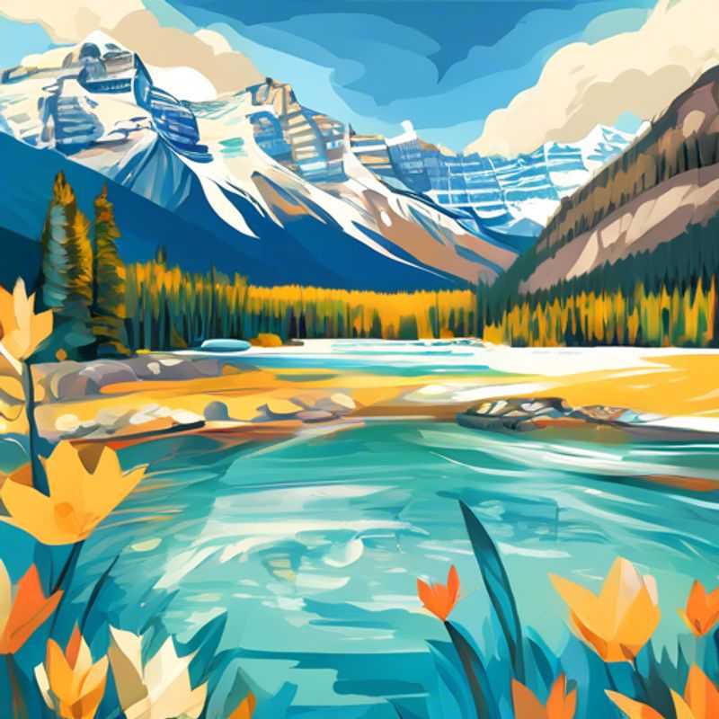 A solo traveler immersed in the breathtaking spring landscape of Banff, Canada, surrounded by vibrant wildflowers and majestic mountains, capturing the essence of luxury cultural exploration during a 5-day adventure.