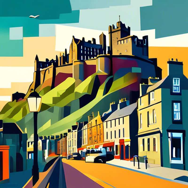 A solo luxury eco-tourist exploring the vibrant streets of Edinburgh, United Kingdom, surrounded by lush greenery and historic architecture during a sunny summer day on their 4-day adventure.