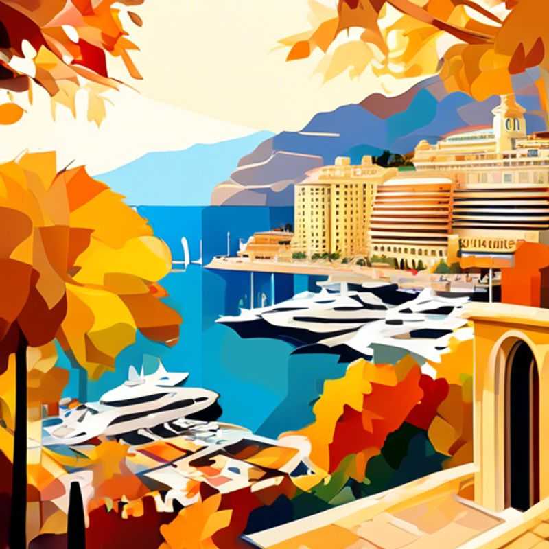 A family with children exploring the opulent streets of Monte Carlo, Monaco, surrounded by vibrant fall foliage, during their luxurious 3-week gap year adventure.