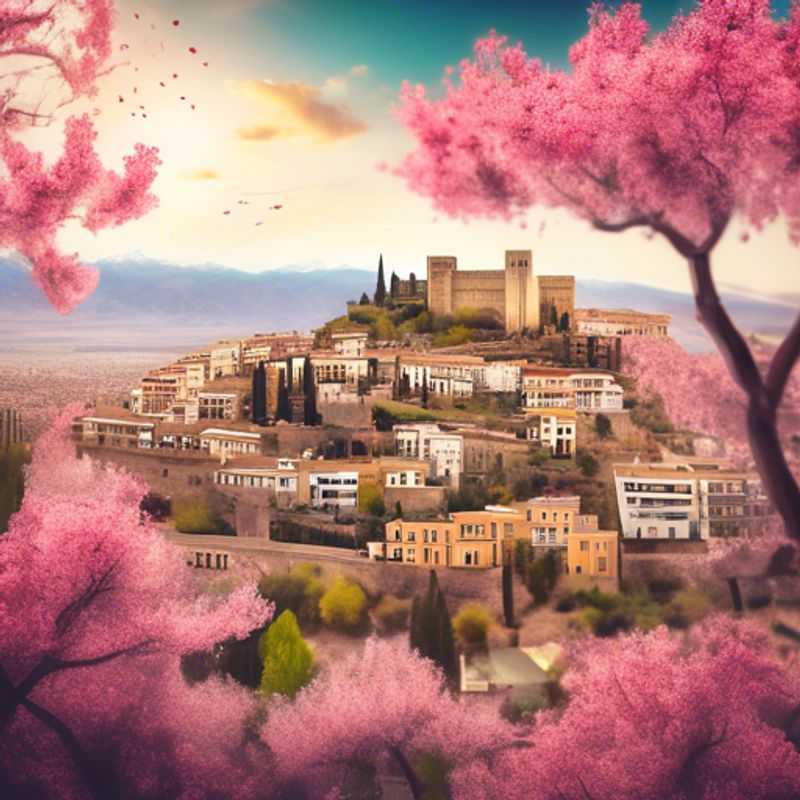 A family with children exploring the vibrant streets of Granada, Spain, surrounded by blooming spring flowers and stunning Moorish architecture during their 3-week luxury adventure.