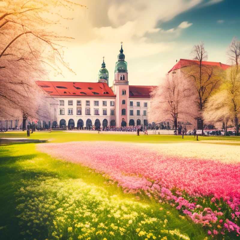 A joyful family with children exploring the vibrant springtime gardens of Munich, Germany, surrounded by blooming flowers and historic architecture during their 5-day luxury adventure.